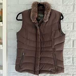 Eddie Bauer Goose Down Quilted Faux Fur Collar Size Small Chocolate Brown Vest